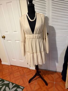 Ivory V-Neck Tiered Long-Sleeve Mini Dress